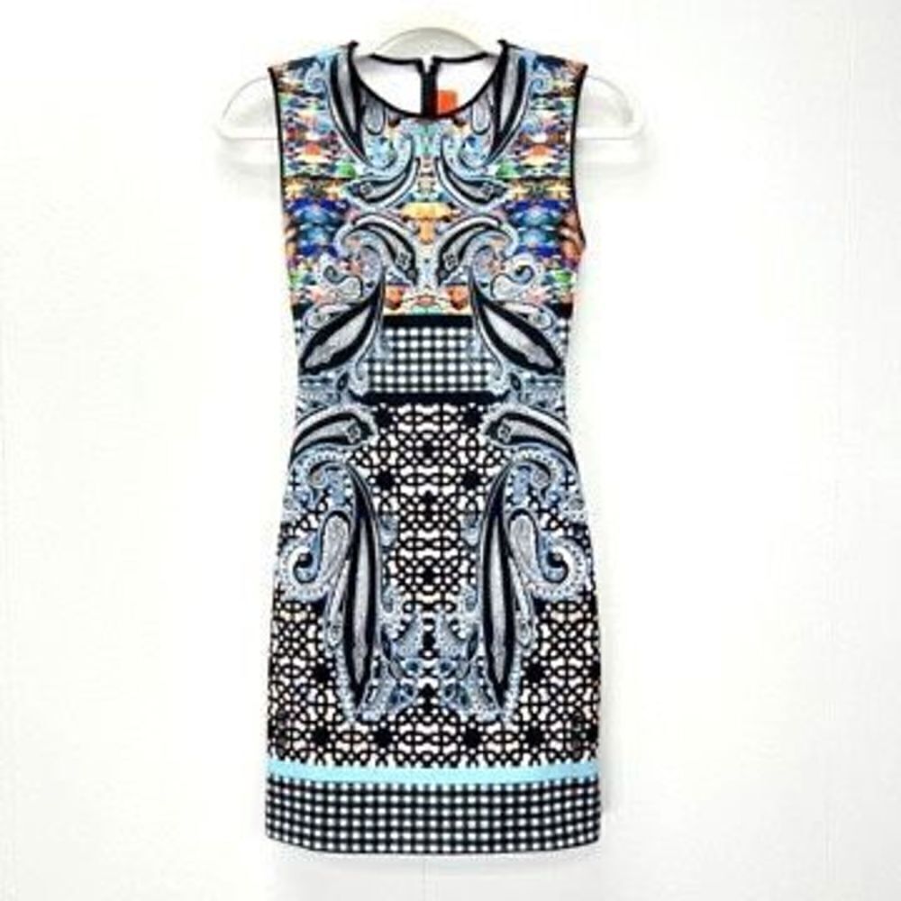 Clover Canyon Womens Sleeveless Bodycon Back Zip Dress Abstract Stained Glass XS